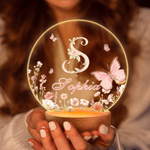 Personalised Pink Flower Butterfly Seven Colours Initial LED Night Light with Name and Wooden Base Room Decor Birthday Gift for Woman Friend