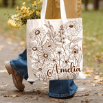 Personalised Hand Painted Flower Tote Bag with Name Daily Use Travel Essential Birthday Gift for Woman Girl