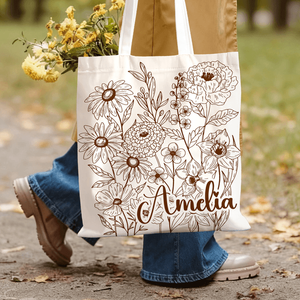 Personalised Hand Painted Flower Tote Bag with Name Daily Use Travel Essential Birthday Gift for Woman Girl