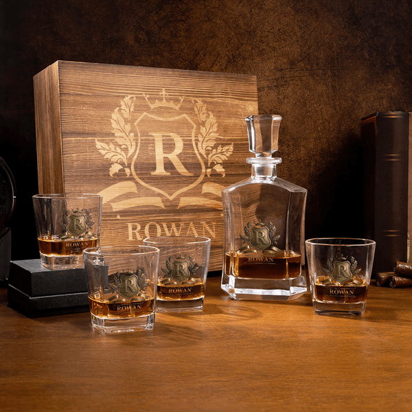 Personalised Golden Crown Shield Initial Hexagonal Decanter with Name Birthday Anniversary Gift for Men