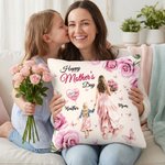 Personalized Rose Cartoon Mom Kid Soft Throw Pillow Cover with Name Home Decor Mother's Day Gift for Mother Grandma