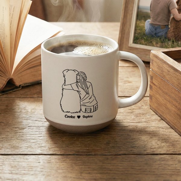 Personalised Line Girl and Her Dog 12 oz Ceramic Coffee Mug with Handle and Engraved Names Home Office Drinkware Pet Memorial Gift for Pet Lover