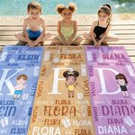 Personalized Cartoon Character Word Cloud Quick Dry Oversized Beach Towel with Initial and Name Beach Party Birthday Gift for Family