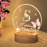 Personalised Pink Flower Butterfly Seven Colours Initial LED Night Light with Name and Wooden Base Room Decor Birthday Gift for Woman Friend