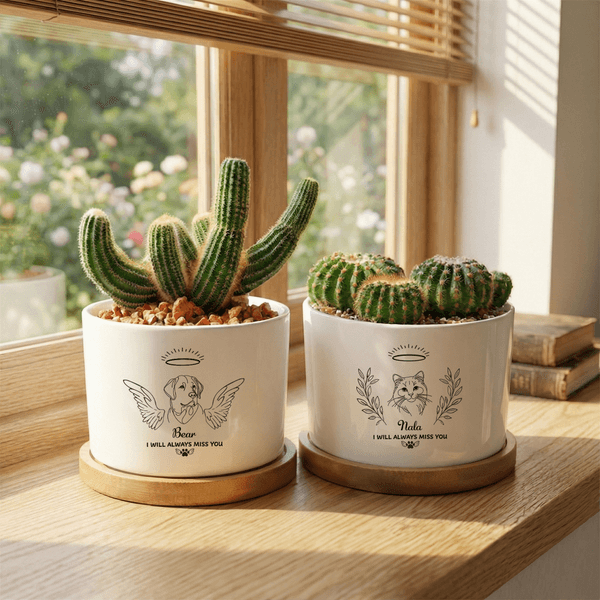 Personalisierte Angel Halo Pet Line Design Keramik Sukkulente Pflanzer Topf mit Namen und Bambus Tablett Verlust von Haustier Memorial Geschenk für Tierbesitzer