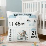 Personalized Cute Bear Pattern Initial Soft Throw Pillow Cover with Name and Birth Information Nursery Room Decor Birthday Gift for Newborns