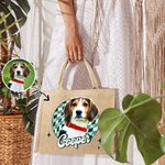 Personalised Oil Painting Style Pet Photo Checkered Jute Tote Bag with Name Daily Use Birthday Gift for Women Pet Owners