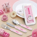 Personalised Fantasy Unicorn Fork Spoon Knife 3 Pcs Cutlery Set with Name and Case Back to School Birthday Gift for Boys Girls