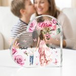 Personalized Floral Cartoon Charcter Mom and Kid Back View Heart-Shape Acrylic Plaque with Names Desk Decor Mother's Day Birthday Gift for Mom