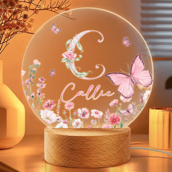 Personalized Pink Flower Butterfly Seven Colours Initial LED Night Light with Name and Wooden Base Room Decor Birthday Gift for Woman Friend