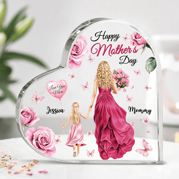 Personalized Floral Cartoon Charcter Mom and Kid Back View Heart-Shape Acrylic Plaque with Names Desk Decor Mother's Day Birthday Gift for Mom