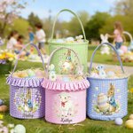 Personalised Cute Peter Rabbit Duck Sheep Plaid Bucket Basket with Name and Ruffles Easter Egg Hunting Easter Party Favors Gift for Kids