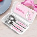 Personalised Fantasy Unicorn Fork Spoon Knife 3 Pcs Cutlery Set with Name and Case Back to School Birthday Gift for Boys Girls