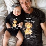 Personalized Cute Parent-child Lion 100% Cotton Baby Bodysuit Matching Adult T-shirt with Name and Year First Father's Day Gift for Newborn New Dad