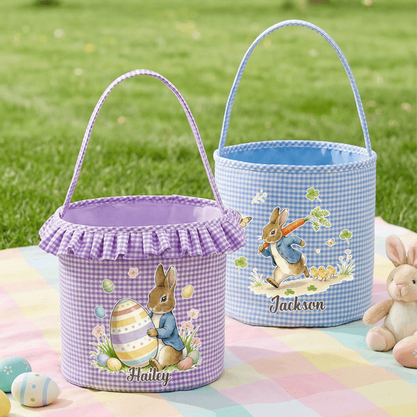Personalised Cute Peter Rabbit Duck Sheep Plaid Bucket Basket with Name and Ruffles Easter Egg Hunting Easter Party Favors Gift for Kids