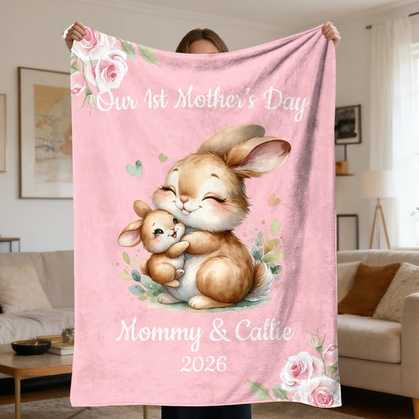 Personalized Cute Elephant Rabbit Animal Design Soft Throw Blanket with Name and Year 1st Mother's Day Home Decor Birthday Gift for Kid Mom