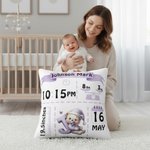 Personalized Cute Bear Pattern Initial Soft Throw Pillow Cover with Name and Birth Information Nursery Room Decor Birthday Gift for Newborns