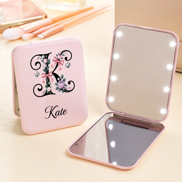 Personalized Stylish Floral Initial LED Makeup Mirror with Name Travel Essential Daily Use Birthday Gift for Women Makeup Lovers