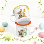 Personalisierte Emaille Kindertasse mit Retro-Osterhasenmotiv Initiale und Namen | Randfarbe wählbar | 355 ml | Ostern Geschenk für Jungen Mädchen