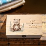 Scatola di legno personalizzata con nome e dati di nascita, stile cartone animato - Regalo di battesimo per neonati