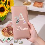 Portafoglio lungo in pelle PU personalizzato con nome e fiore di nascita in effetto perlato - Regalo per festa della mamma per donne