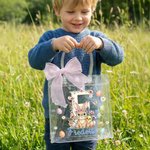 Personalized Pink Bow Ribbon Colorful Easter Eggs Rabbit Chicks Clear Gift Bag with Name and Initial Easter Party Favors Gift for Kids