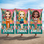 Personalized Summer Sea Beach Palm Cartoon Character Quick Dry Microfiber Beach Towel with Name Travel Birthday Gift for Family Friends