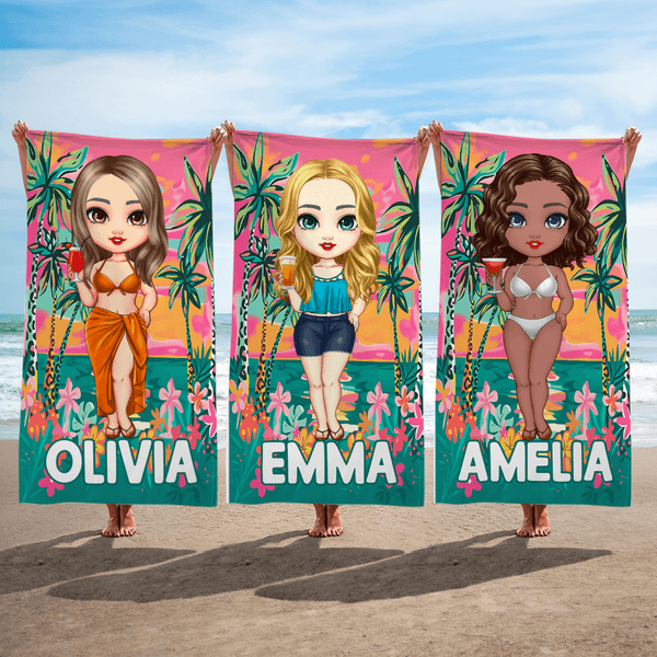Personalized Summer Sea Beach Palm Cartoon Character Quick Dry Microfiber Beach Towel with Name Travel Birthday Gift for Family Friends