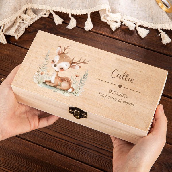 Scatola di legno personalizzata con nome e dati di nascita, stile cartone animato - Regalo di battesimo per neonati