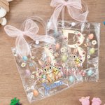 Bolsa transparente personalizada con nombre e inicial diseño de pascua con lazo rosa conejo y pollitos regalo de fiesta para niños