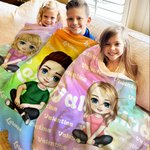 Coperta personalizzata a colori sfumati con nome e personaggio in stile cartone animato - Regalo ideale per bambini e adulti