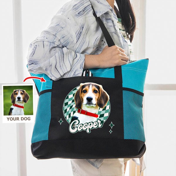 Personalised Oil Painting Style Pet Photo Large Oxford Tote Bag with Name and Mesh Pockets Daily Use Birthday Gift for Pet Owners