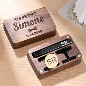 Set di fermacravatta e gemelli personalizzati con incisione di nome e iniziali, custodia in legno - Regalo di matrimonio e compleanno per uomo