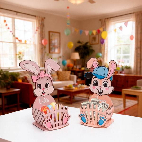 Personalized Cute Easter Bunny Wooden Egg Holder Standing with Name Easter Home Decoration Gift for Boys Girls
