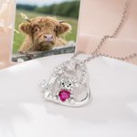 Highland Cow Hugging Birthday Love - Personalized Heart Pendant Birthstone Sterling Silver Necklace