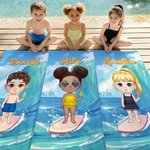 Personalized Cute Cartoon Kid Character Surf Quick Dry Oversized Beach Towel with Name Beach Party Birthday Gift for Kids