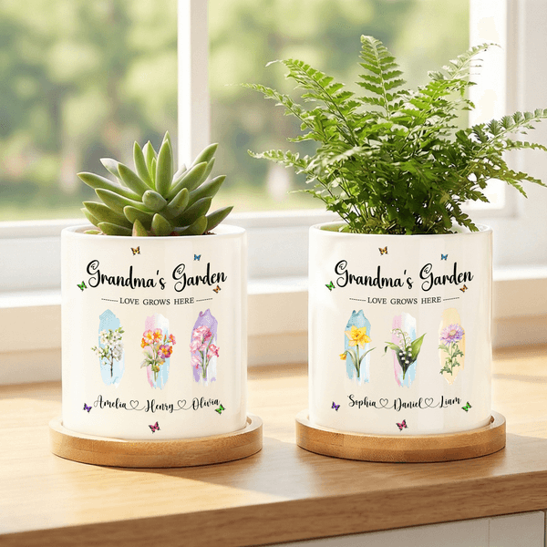 Personalized Birth Flower Plant Ceramic Pot and Bamboo Base with Name Mother's Day Gift for Grandma Mommy