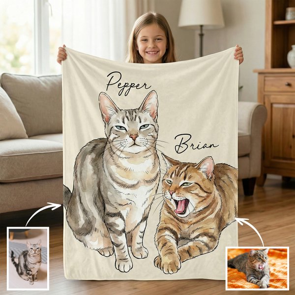 Personalised Watercolour Hand-Painted Style Photo Throw Blanket with Name Home Decor Birthday Pet Memorial Gift for Pet Owners Lovers