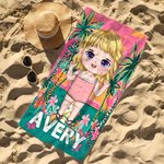 Personalized Summer Sea Beach Palm Cartoon Character Quick Dry Microfiber Beach Towel with Name Travel Birthday Gift for Family Friends