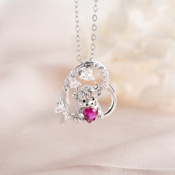 Highland Cow Hugging Birthday Love - Personalized Heart Pendant Birthstone Sterling Silver Necklace