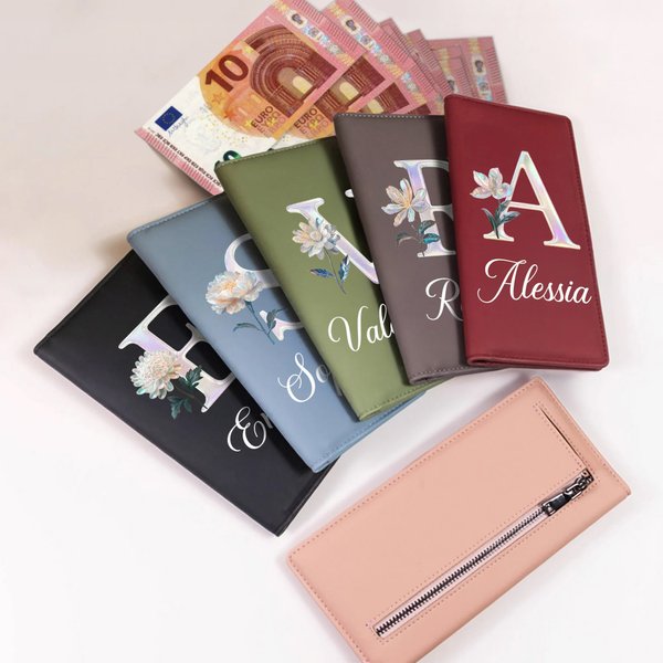 Portafoglio lungo in pelle PU personalizzato con nome e fiore di nascita in effetto perlato - Regalo per festa della mamma per donne