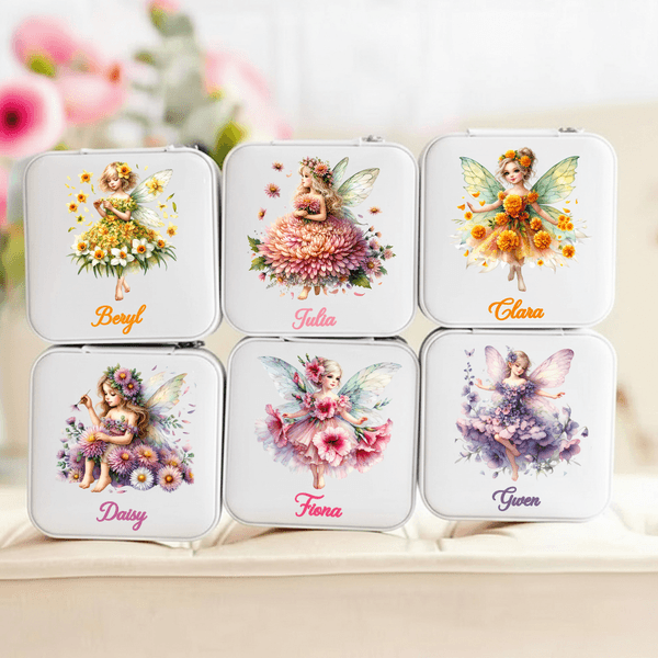 Personalised Birth Flower Elf Girl PU Leather Jewellery Box with Name Travel Essentials Wedding Bridal Shower Gift for Women