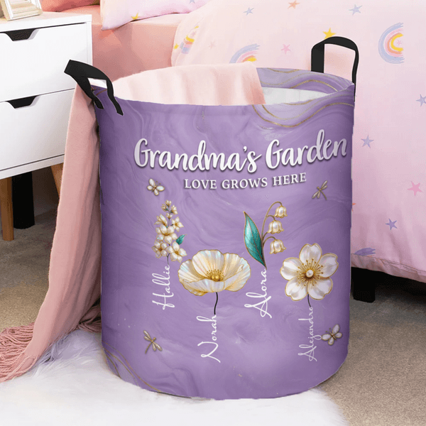 Personalized 1-10 Birth Flowers Waterproof Laundry Storage Basket with Name and Handle Housewarming Birthday Gift for Mom Grandma