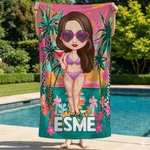 Personalized Summer Sea Beach Palm Cartoon Character Quick Dry Microfiber Beach Towel with Name Travel Birthday Gift for Family Friends