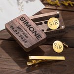 Set di fermacravatta e gemelli personalizzati con incisione di nome e iniziali, custodia in legno - Regalo di matrimonio e compleanno per uomo