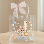 Bolsa transparente personalizada con nombre e inicial diseño de pascua con lazo rosa conejo y pollitos regalo de fiesta para niños