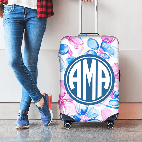 Couvre-bagages personnalisé avec monogramme de fleurs tropicales pour une valise de 18 à 32 pouces Accessoires de voyage Cadeau d'anniversaire pour les amoureux du voyage Amis
