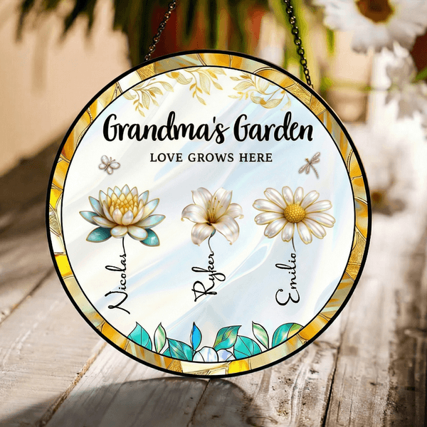 Personalised Birth Flower Sun Catcher Glass Acrylic Ornament with Name and Diamond Window Decoration Birthday Gift for Mom Grandma