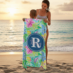 Personalised Summer Tropical Floral Monogram Design Quick Dry Oversized Beach Towel with Name Travel Essential Birthday Gift for Friends Family