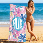 Personalised Summer Tropical Floral Monogram Design Quick Dry Oversized Beach Towel with Name Travel Essential Birthday Gift for Friends Family